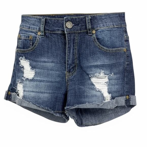 INDIGO REIN Blue Dark Wash Distressed Denim Shorts - Picture 1 of 9
